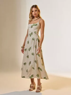 Vestido mídi linho bordado
